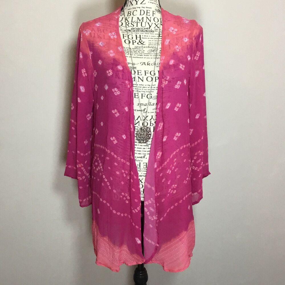 Sheer bright pink duster robe long sleeve fairycore cottagecore hippie kimono M